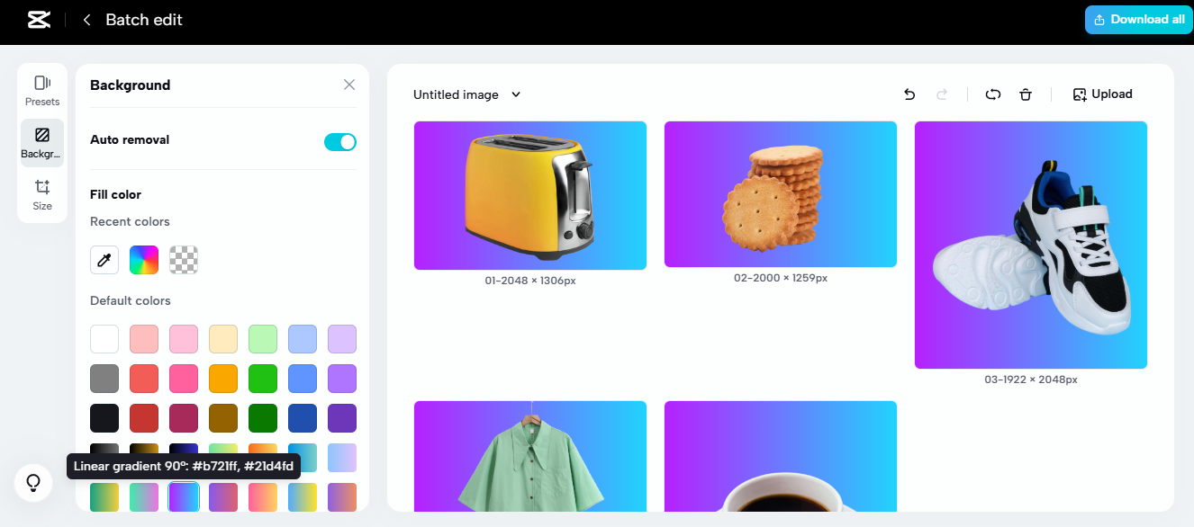 Editing interface with various products including a toaster, cookies, and sneakers for dropshipping product research. 